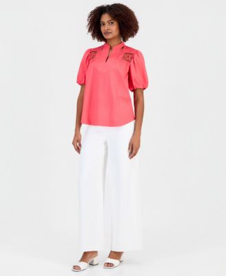 Women's Split-Neck Lace-Yoke Puff-Sleeve Top