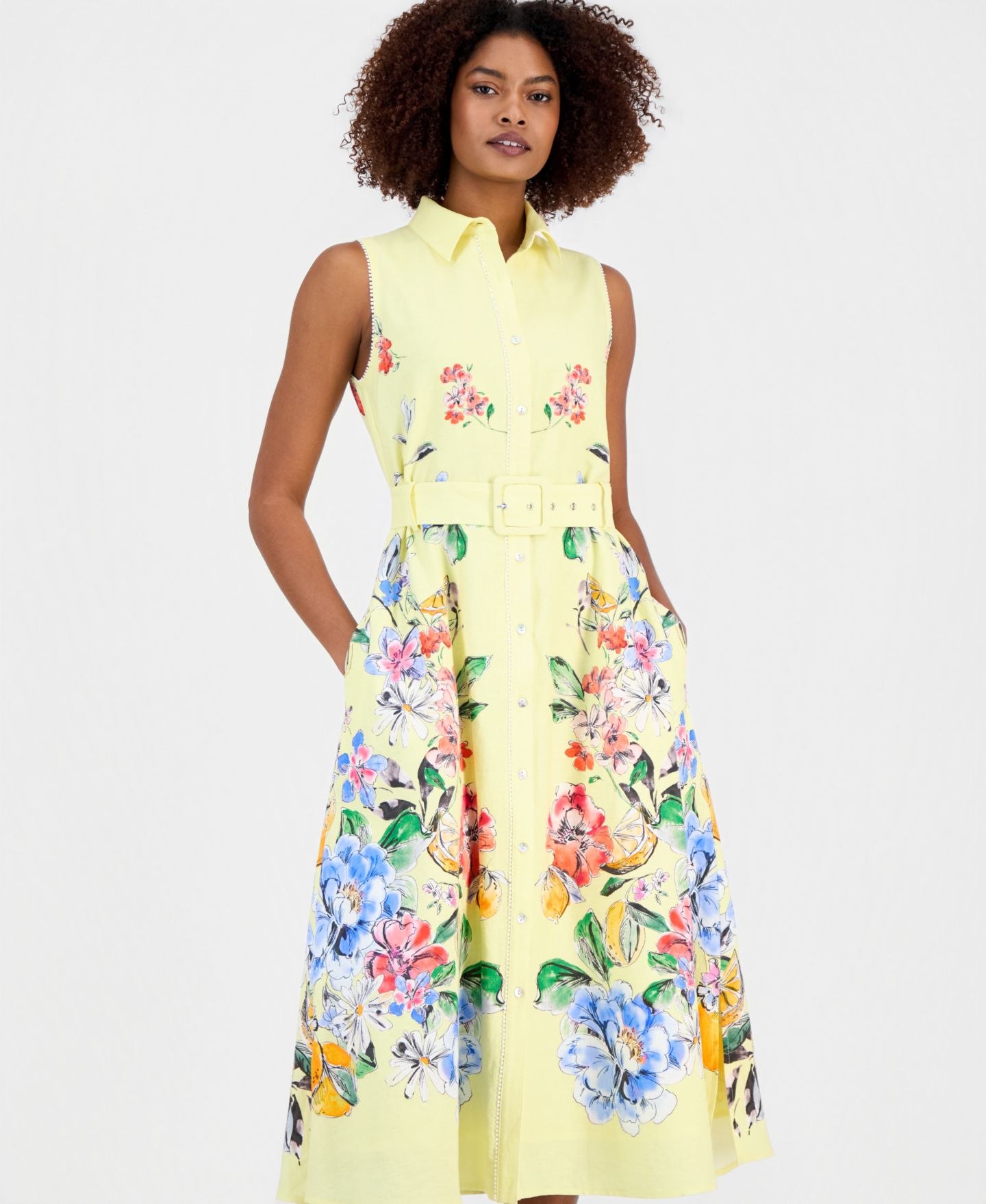 Женское платье T Tahari Sleeveless Belted Shirtdress, цвет: Sicilian Garden — фото 4