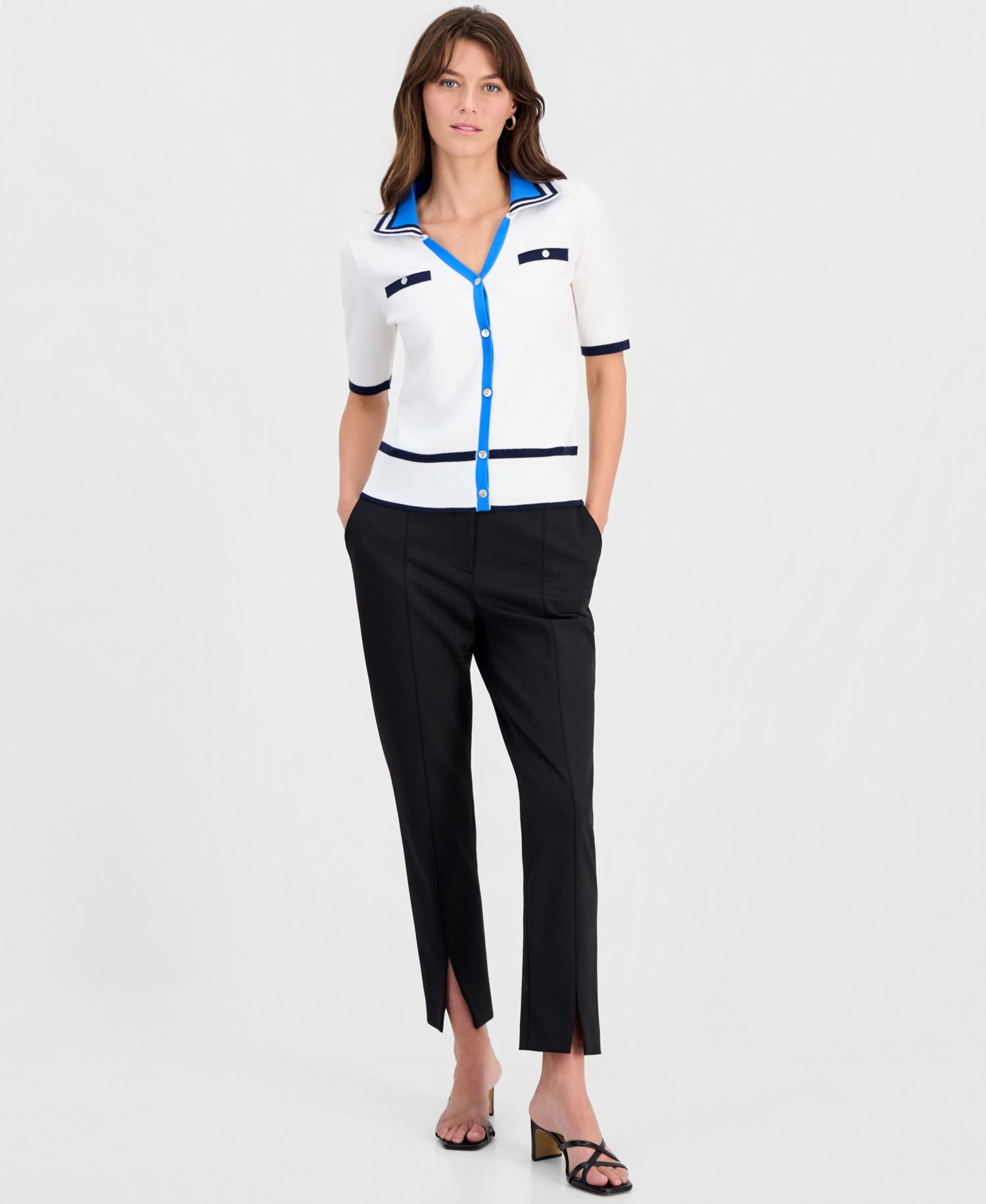 Women's Contrast-Trim Johnny Collar Pullover Top