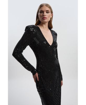 Women's Long Sleeve Plunge Neck Midi Dress