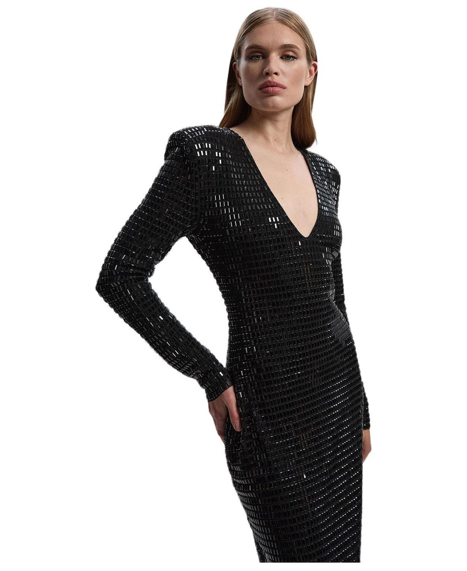 Women's Long Sleeve Plunge Neck Midi Dress