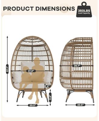Oversized Rattan Egg Chair, Indoor/Outdoor Wicker Egg Basket Lounge with Steel Frame & 4 Cushions