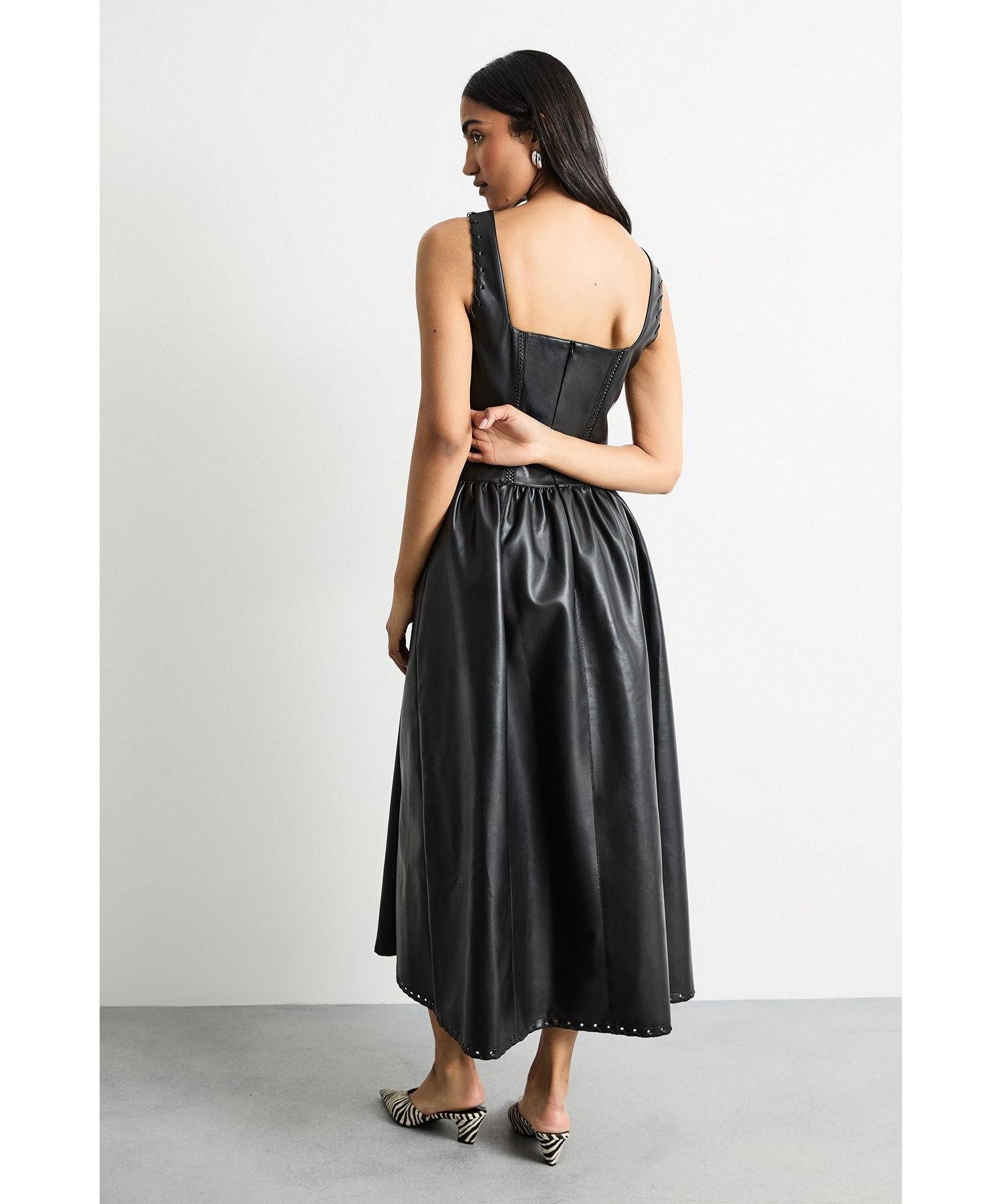 Women's Faux Leather Whipstitch Trim Midi Dress