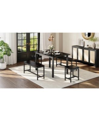 5-Piece Extendable Dining Table Set for 4-8 People, 63 Inch Kitchen Table with 2 Benches & 2 Stools