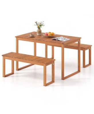 Outdoor 3-Piece Dining Set with Acacia Wood Table and 2 Benches