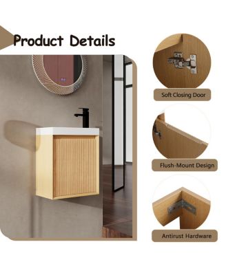 Wall Mounted Bathroom Vanity with Resin Sink, Modern 3D Stripe Door & Soft Close, 18.5" Natural Small Space Storage Cabinet