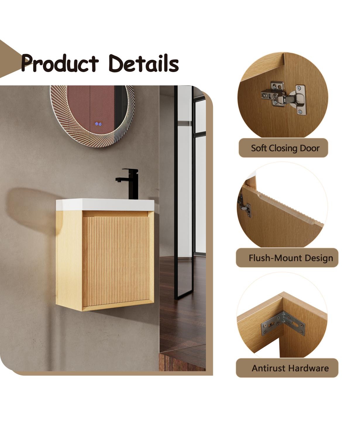 Sillysis Wall Mounted Bathroom Vanity with Resin Sink, Modern 3D Stripe Door & Soft Close, 18.5" Natural Small Space Storage Cabinet