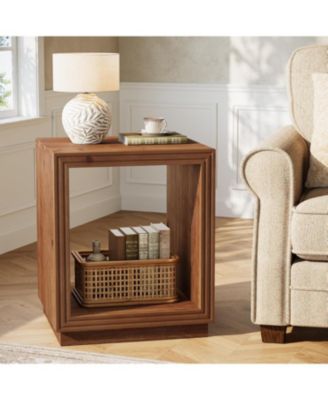 Solid Wood Side Table, Wooden End Table with 2-Tier Storage Shelf, Farmhouse Small Nightstand