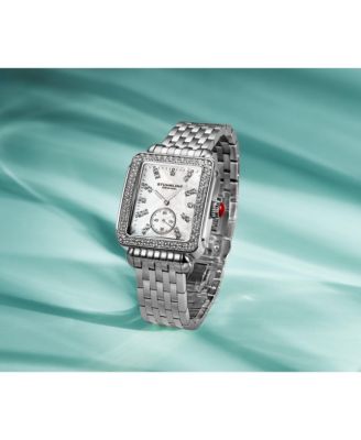 Women s 4090 34mm Crystal-Accented Rectangular Stainless Steel Bracelet Watch with Mother-of-Pearl Dial