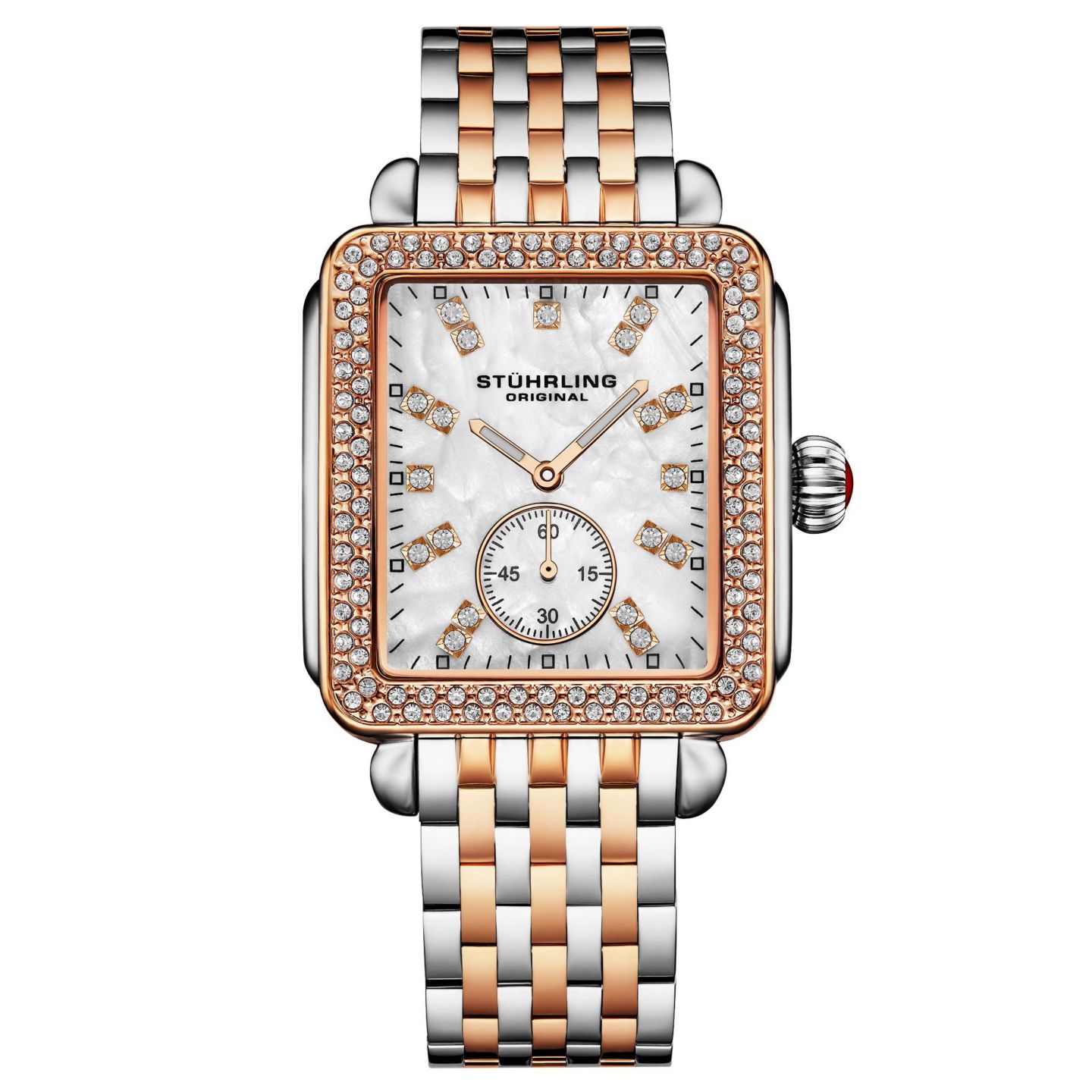 Женские часы Stuhrling Women s 4090 34mm Crystal-Accented Rectangular Stainless Steel Bracelet Watch with Mother-of-Pearl Dial, цвет: Розовый — фото 1