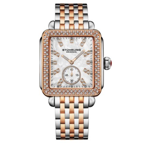 Женские часы Stuhrling 4090 34mm Crystal-Accented Rectangular Stainless Steel Bracelet Watch with Mother-of-Pearl Dial, цвет: Розовый