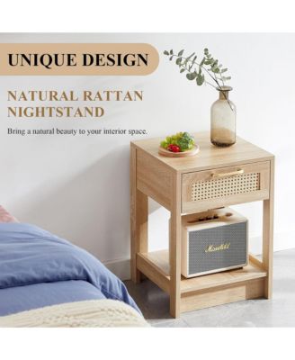Wooden Rattan Nightstand with Drawer and Open Storage Shelf – End Table