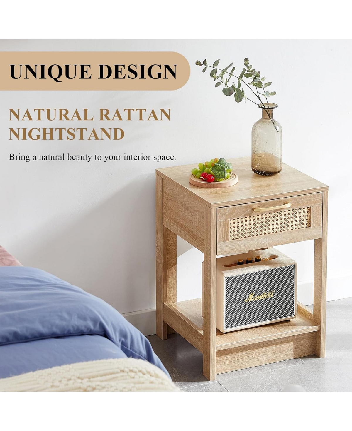 Rainsken Wooden Rattan Nightstand with Drawer and Open Storage Shelf – End Table