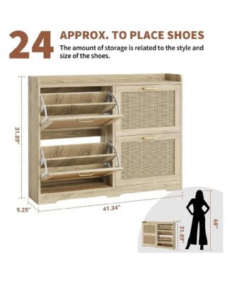 Rattan Shoe Storage Cabinet with 4 Flip Drawers, Hidden Shoe Storage Organizer Cabinet, Wide Freestanding Wood Breathable Shoe Rack Cabinet