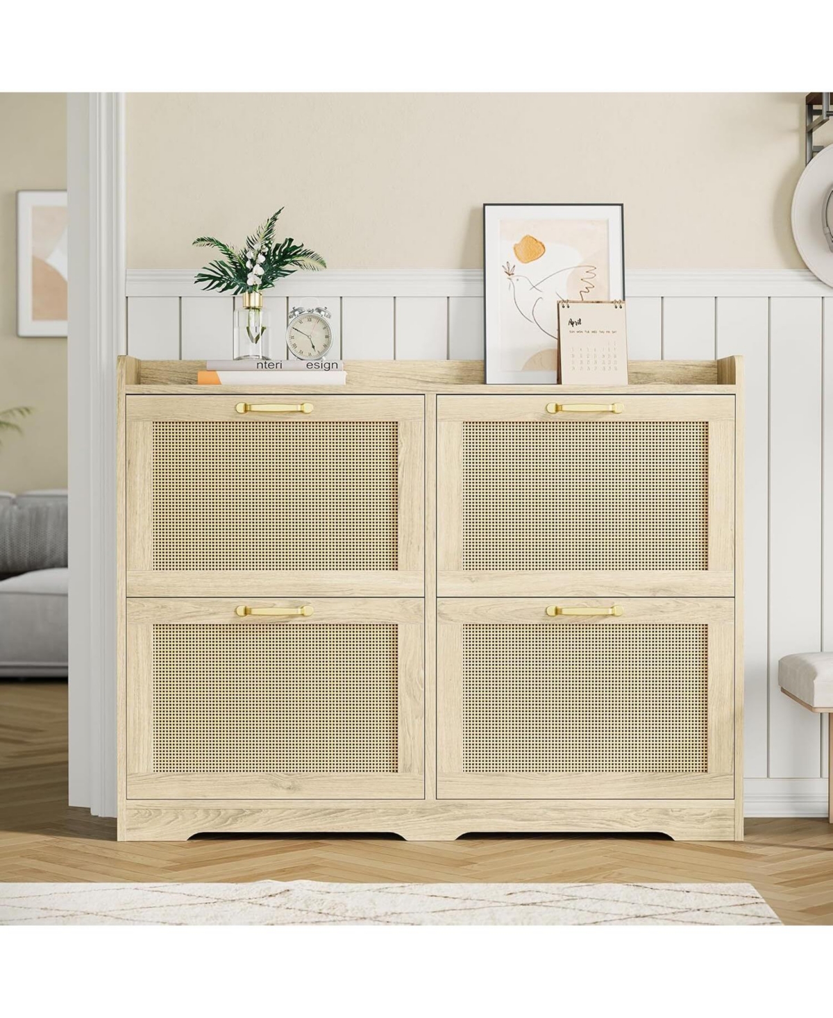 gaomon Rattan Shoe Storage Cabinet with 4 Flip Drawers, Hidden Shoe Storage Organizer Cabinet, Wide Freestanding Wood Breathable Shoe Rack Cabinet - N