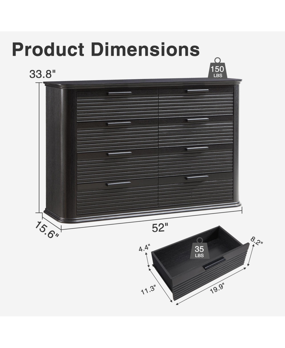 Rainsken Fluted 8 Drawer Dresser, Modern Wood Chest of Drawers with Curved Profile Design, Storage Organizer for Bedroom and Living Room