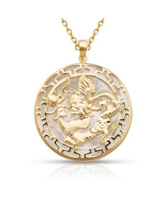 14k Yellow Gold 18 Inch Green, Lavender, Onyx Dyed Jade Dragon Greek Key Circle Necklace - 26mm x 32mm