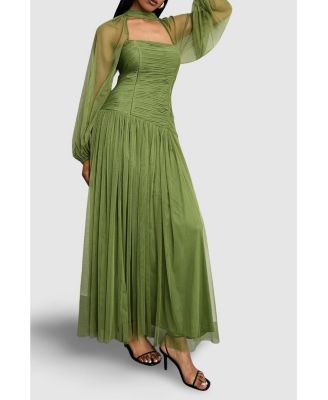 Women's Bow Detail Gathered Tulle Maxi Dress