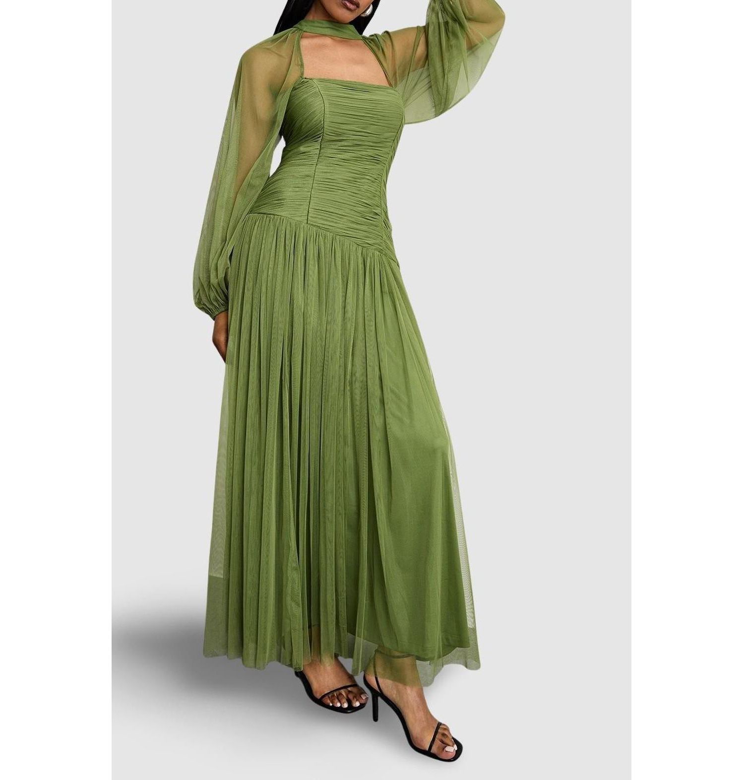 Women's Bow Detail Gathered Tulle Maxi Dress