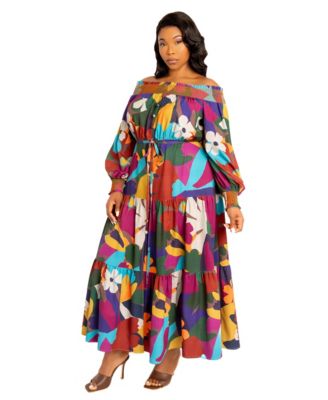 Plus Size Floral Smocked Off Shoulder Dress