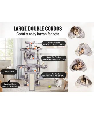 Light Grey Indoor Cat Tower, 68.5" with Condos, Scratching Posts, Hammocks & Ramp, Pet Furniture