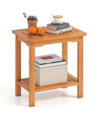Acacia Wood Patio Side Table with Slatted Top and Storage Shelf