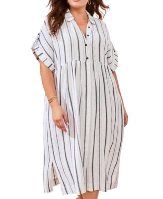 Plus Size Yarn Dye Stripe Flowy Shirt Dress