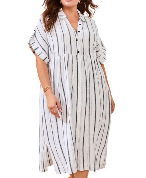 Женское платье TRIBAL Plus Size Yarn Dye Stripe Flowy Shirt-Dress, цвет: Whiteblack