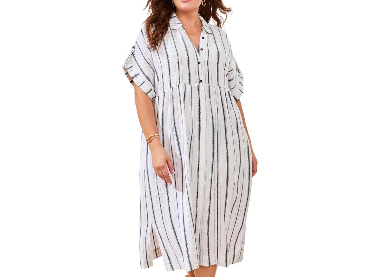 Plus Size Yarn Dye Stripe Flowy Shirt-Dress
