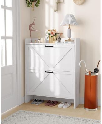 Shoe Storage Cabinet with 2 Flip Drawers, Freestanding Shoe Organizer with Wooden Legs for Entryway, Farmhouse Slim Shoe Storage Cabinet