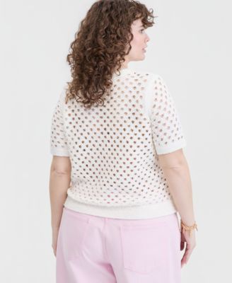 Trendy Plus Size Open-Knit Short-Sleeve Sweater