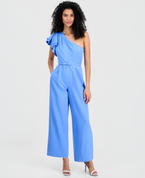 Женские Anne Klein Women's One-Shoulder Ruffle-Sleeve Jumpsuit