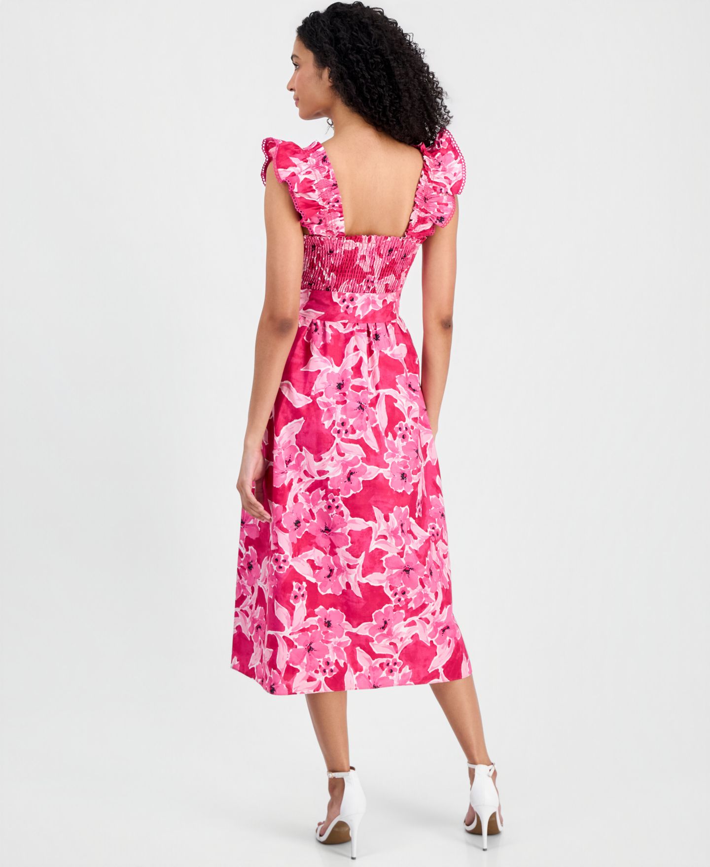 Женское платье Anne Klein Smocked Ruffle-Sleeve Midi, цвет: Розовый разноцветный — фото 5