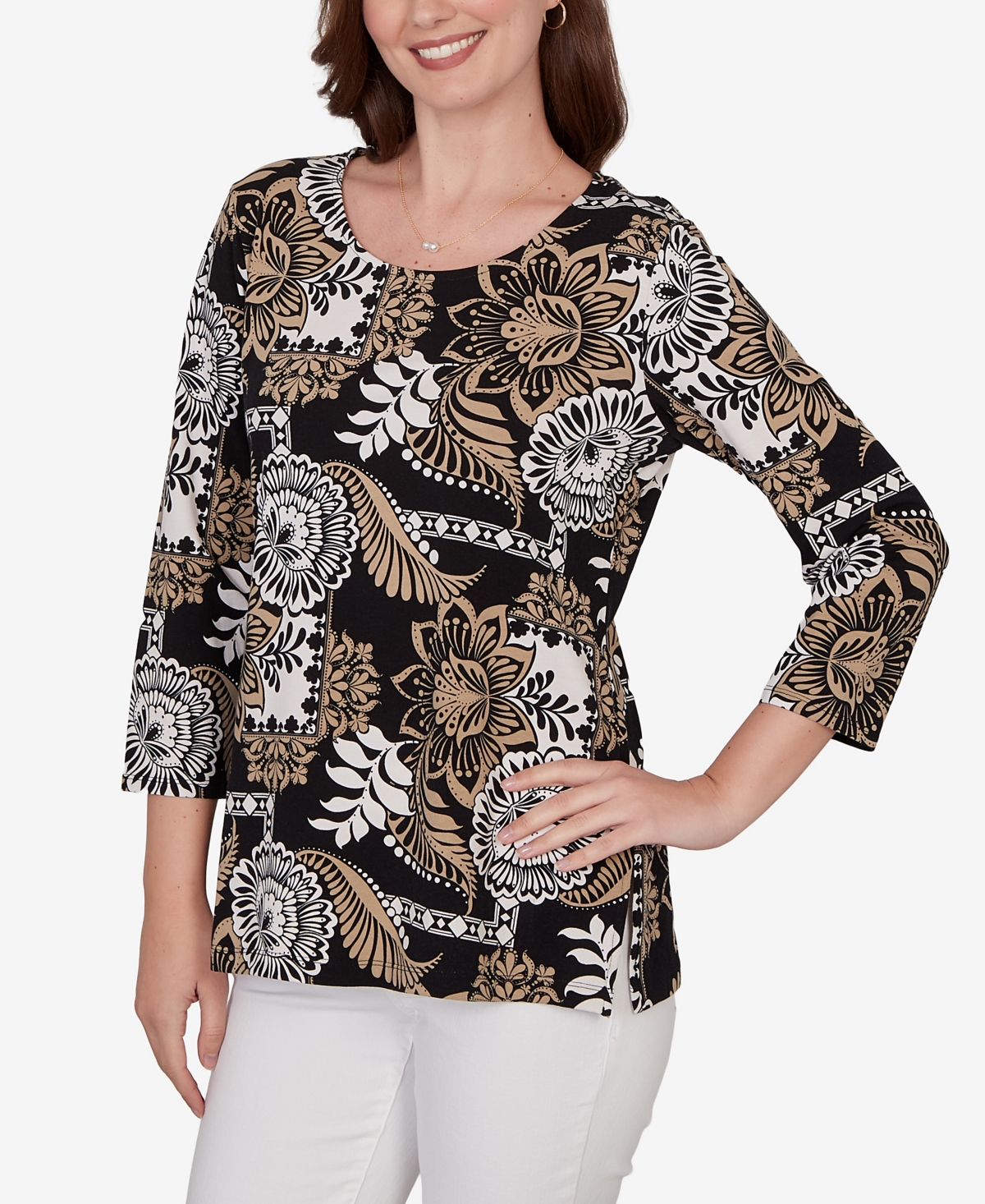 Ruby Rd. Petite Tropical Patchwork Scoop Neck Knit Top