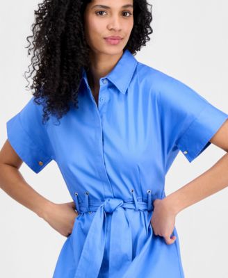 Women's Short-Sleeve Belted Loop-Detail Shirtdress