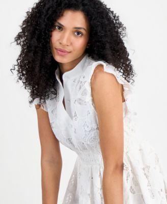 Women's Mandarin-Collar Ruffle-Sleeve Midi Dress