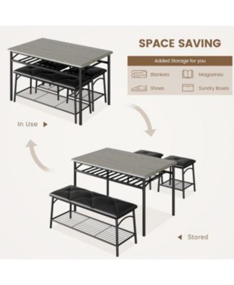 5-Piece Dining Table Set for 4-5 People 43 Inch Extendable Kitchen Table Set with 1 Benche and 2 Square Stools Dining Room Table