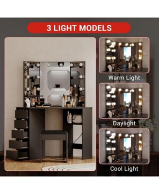 Corner Vanity and Stool - Corner Vanity Desk with Mirror and Lights - 3 Color and Brightness Adjustable Light Corner Makeup Vanity with Power