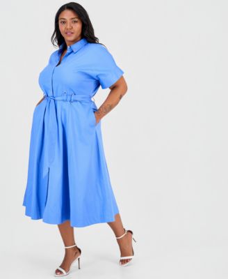 plus size button up shirt dress Nine West Cinched Waist Midi drawstring waist Women's Plus Size Elly Black