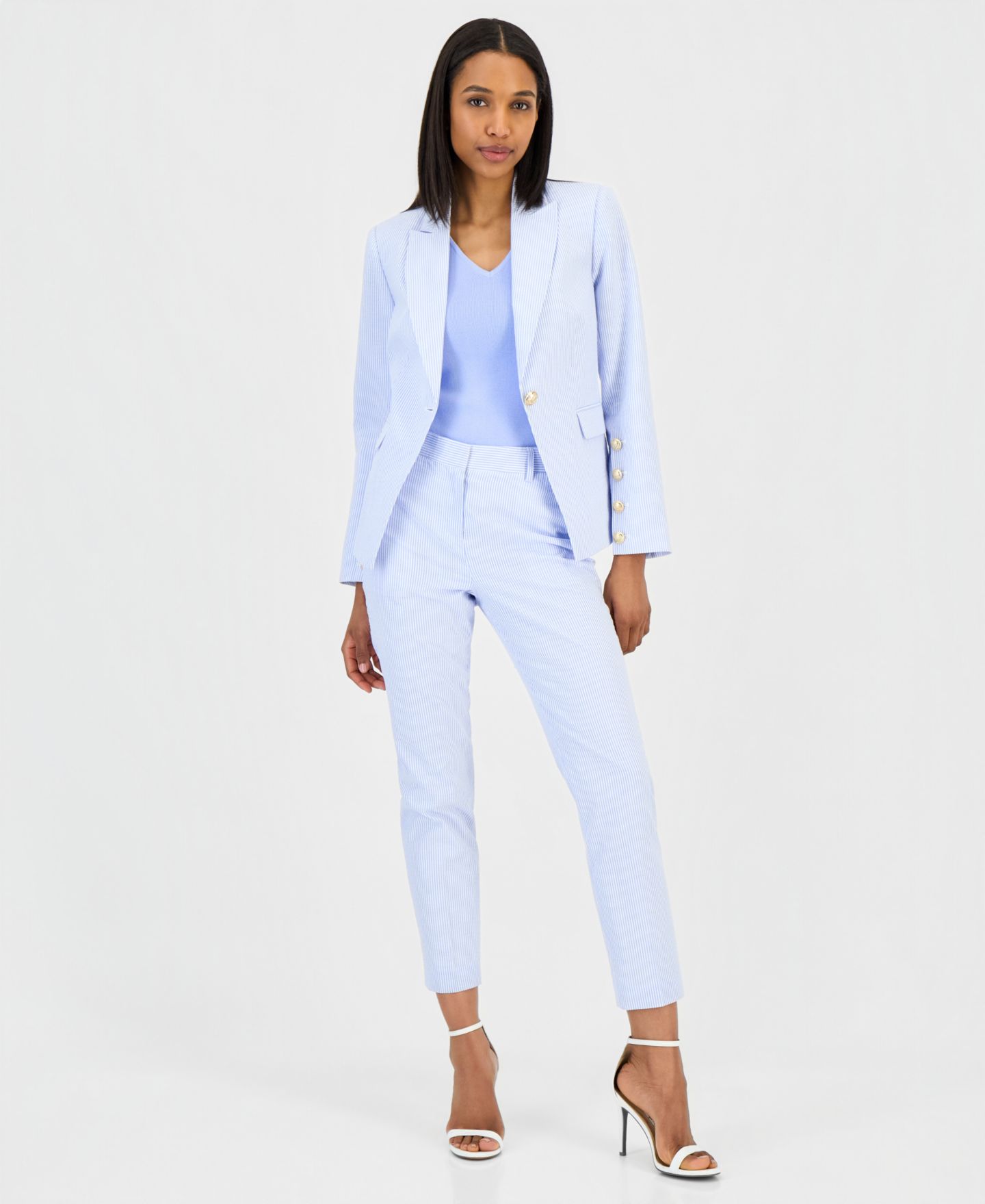 Женские комплекты Tahari ASL Seersucker Stripe Cotton One-Button Blazer, V-Neck Sleeveless Ribbed-Knit Top & Seersucker Stripe Cotton Slim-Leg Pants, цвет: Тёмно-коричневый — фото 1