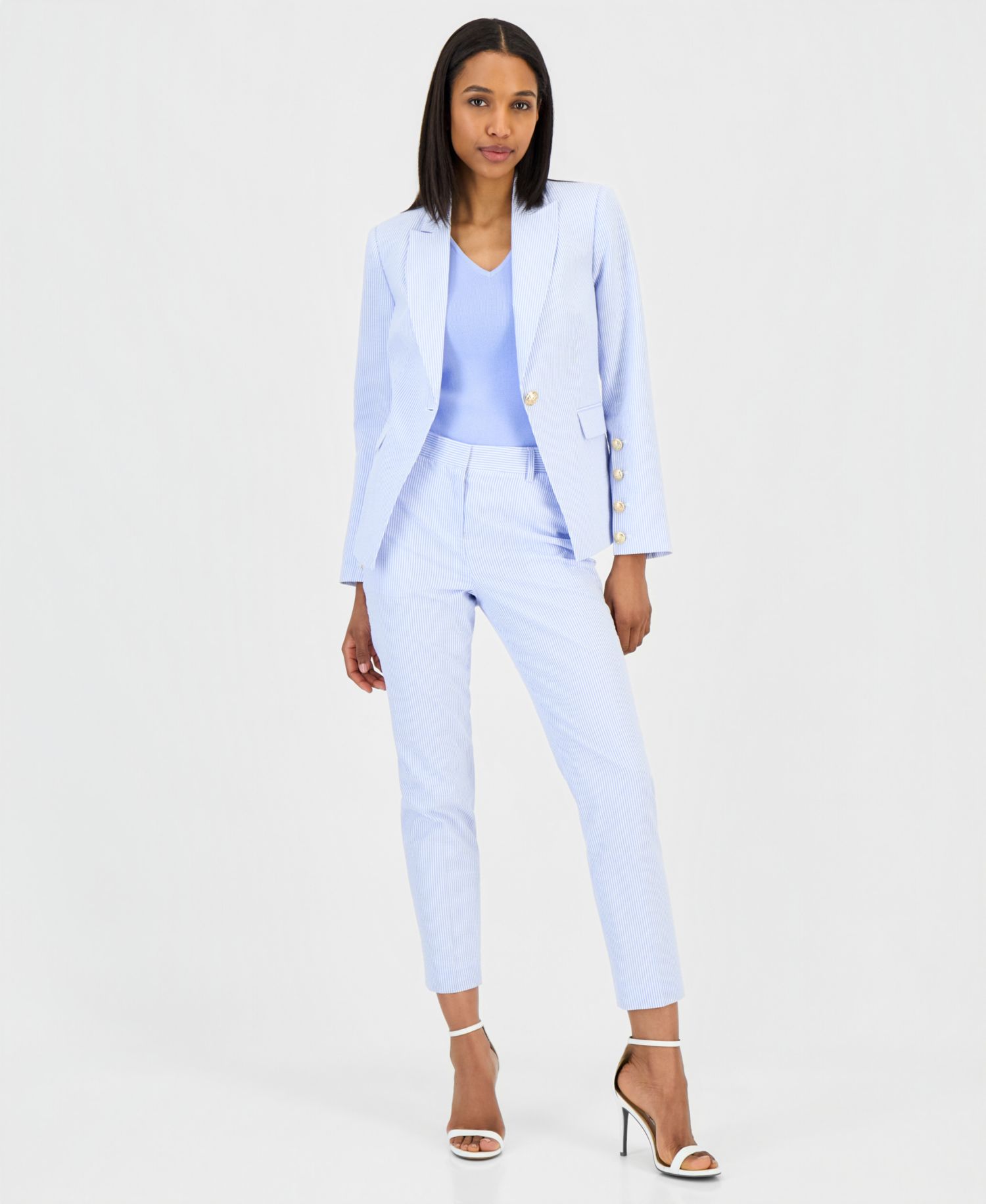 Women's Seersucker Stripe Cotton One-Button Blazer, V-Neck Sleeveless Ribbed-Knit Top & Seersucker Stripe Cotton Slim-Leg Pants