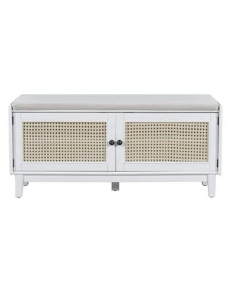 Rattan Shoe Storage Bench, Wooden Shoe Organizer with Cushion, 2 Doors, 2-Tier Shoe Rack and Adjustable Shelves for Entryway, Hallway