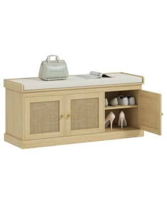 Shoe Storage Bench - Entryway Organizer with Woven Rattan Doors, Adjustable Shelves and Removable Cushion Cover for Hallway