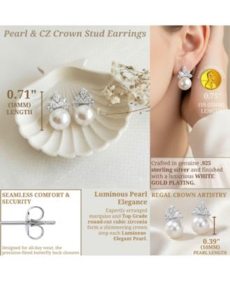 Elegant White Gold Plated Pearl & CZ Crown Stud Earrings
