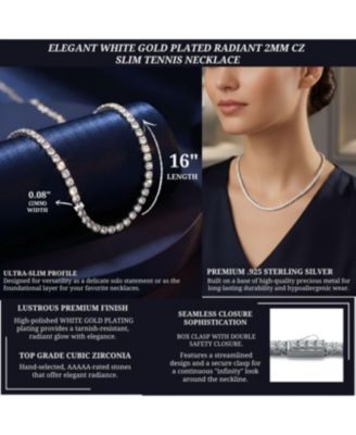 Elegant White Gold Plated Radiant 2MM CZ Slim Tennis Necklace