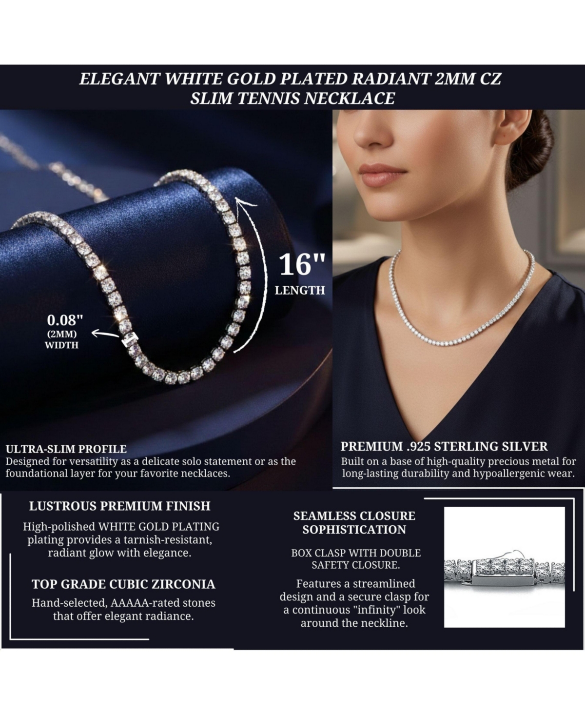 Sterling Silver White Gold Plated Cubic Zirconia 2MM Tennis Necklace