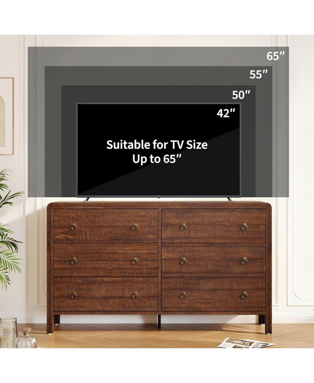 gaomon Modern 6 Drawer Dresser for Bedroom, Dresser Tv Stand with Large Drawers, Walnut Natural Texture