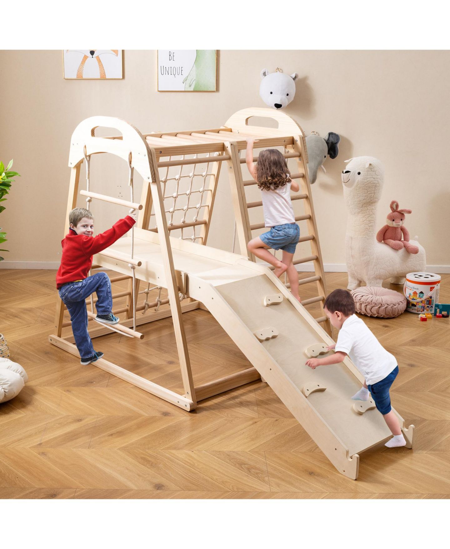Детская игрушка Mecale 8-in-1 Montessori Wooden Jungle Gym Climber with Slide, Monkey Bars & Climbing Net, Ages 3-5, цвет: Коричневый — фото 2