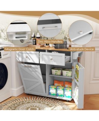 Wood Rolling Kitchen Island Cart with Trash Can Cabinet, Storage Shelves & Rubber Wheels