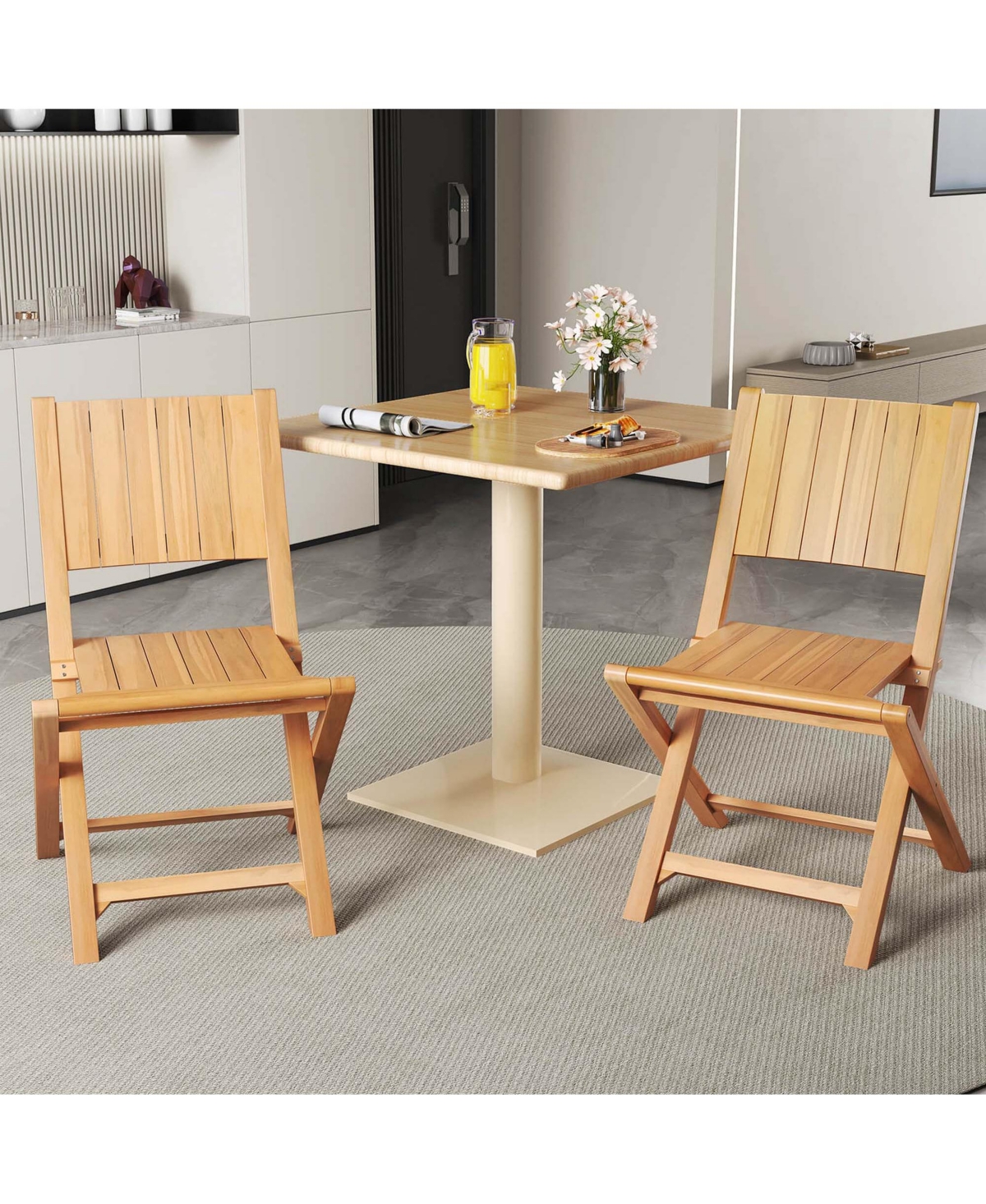 2 Pcs Folding Patio Chairs with Inclined Backrest Teak Wood Outdoor Dining Chairs